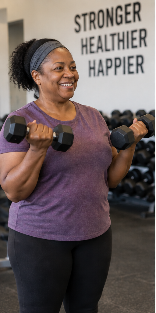 Middle-aged Black woman strength training with dumbbells in a gym