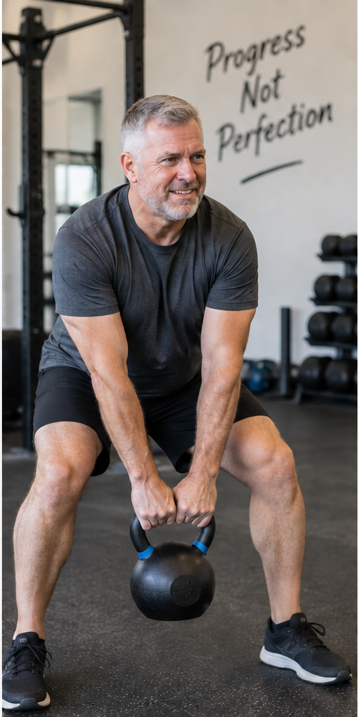 Middle-aged man strength training with a kettlebell in a gym