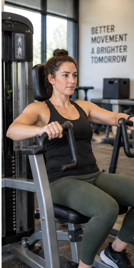 Younger woman strength training on a resistance machine in a gym